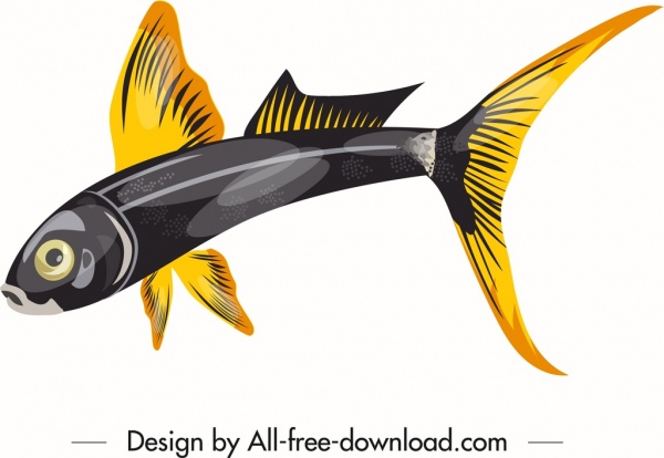 観賞用魚のアイコン光沢のある黄色の黒いスケッチ