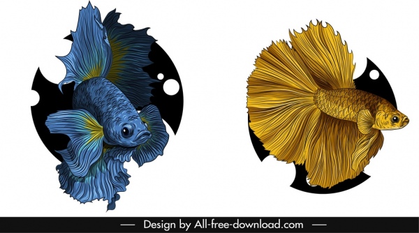 Ícones de peixes ornamentais elegante esboço dourado azul