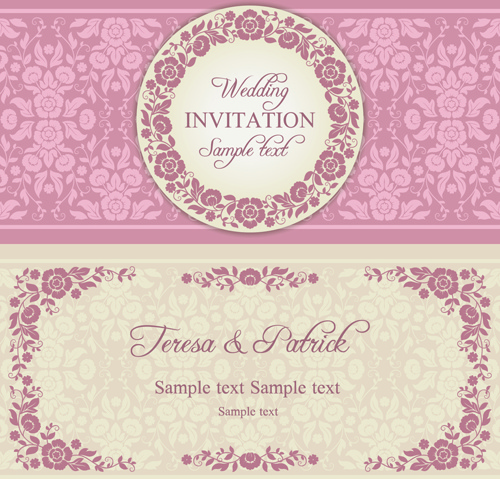 華やかなピンクの花の結婚式の招待状のベクトル