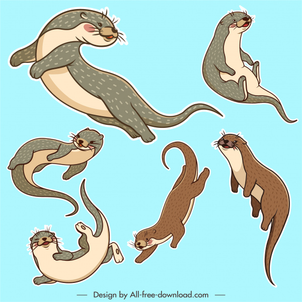 ícones animais lontras engraçado desenho animado desenhado à mão
