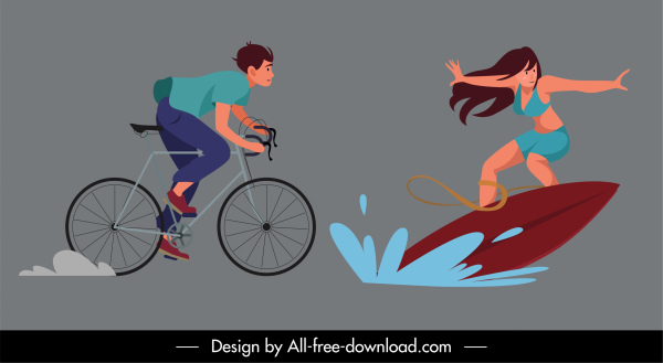 ícones de atividades ao ar livre ícones ciclismo surfboard desenho animado dinâmico