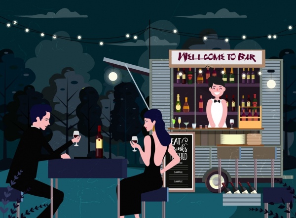 Открытый бар рисунок элегантной гостей мультфильм дизайн стенда