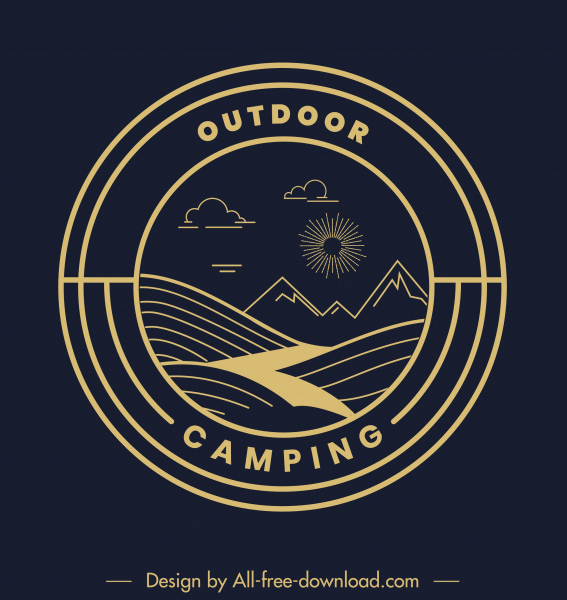 logotipo de camping al aire libre oscuro elementos naturales planos bosquejo