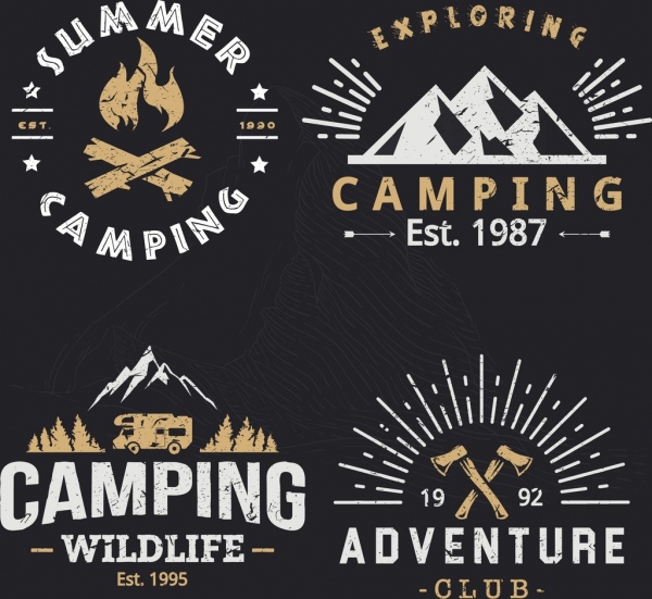 Icone logotipi di fuoco di montagna design retrò campeggio all'aperto