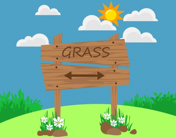 ícone de tabuleta de madeira ao ar livre grama colina fundo navegação