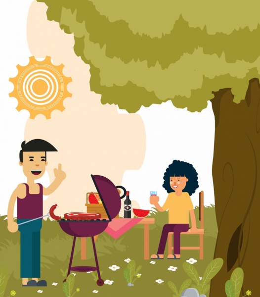 Picknick im freien Zeichnung glückliche Paar Grill farbigen cartoon