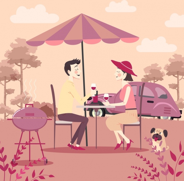 picnic all'aperto, coppie romantiche icone colorate del fumetto
