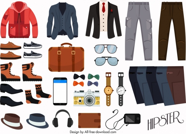 roupas elementos de design de moda masculina acessórios ícones