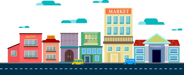 出口商城方案素描彩色建筑和道路