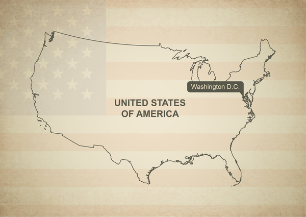 mapa de contorno de Estados Unidos de América con bandera completa en segundo plano