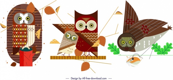 猫头鹰动物图标设置经典平面素描