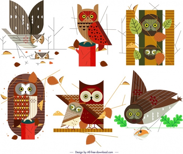 bộ sưu tập Owl biểu tượng đầy màu sắc cổ điển phẳng Sketch