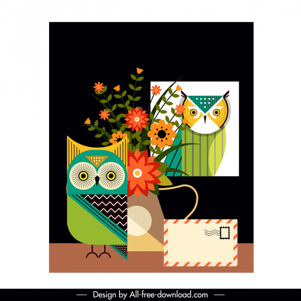 Owl sơn chậu hoa phong bì trang trí đầy màu sắc phẳng cổ điển