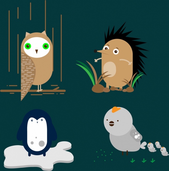 Owl Penguin pollo Porcupine iconos de dibujos animados lindo diseño