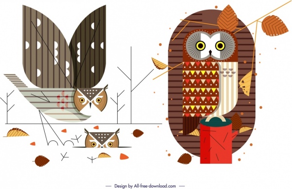 Owl ikon hewan liar warna-warni sketsa datar