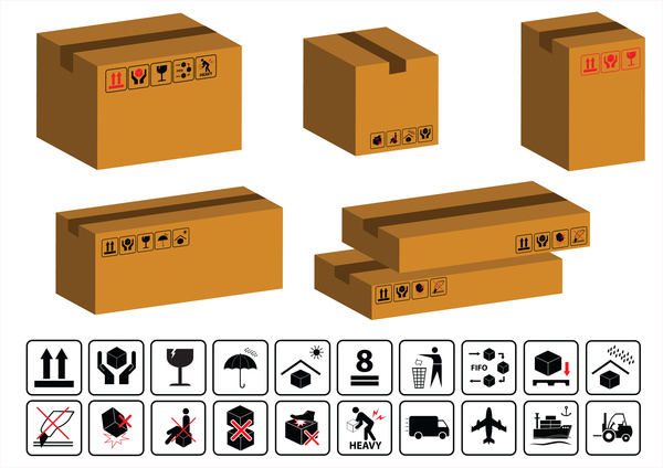 包装記号またはボックス図と段ボールのアイコン