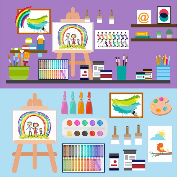 illustrazione di elementi di arte con i simboli di strumenti di pittura