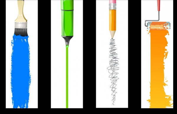 Icone degli strumenti di pittura disegno realistico di marcatore pennello a matita
