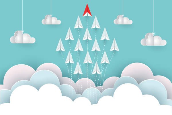pesawat kertas merah dan putih terbang ke langit antara lanskap alam awan pergi ke target konsep kepemimpinan startup bisnis kesuksesan ilustrasi ide