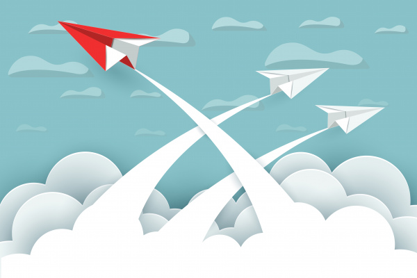 종이 비행기 빨간색과 흰색은 클라우드 자연 풍경 사이의 하늘까지 비행 비즈니스 성공 창조적 인 아이디어 일러스트 벡터 만화의 스타트업 리더십 개념을 대상으로 이동