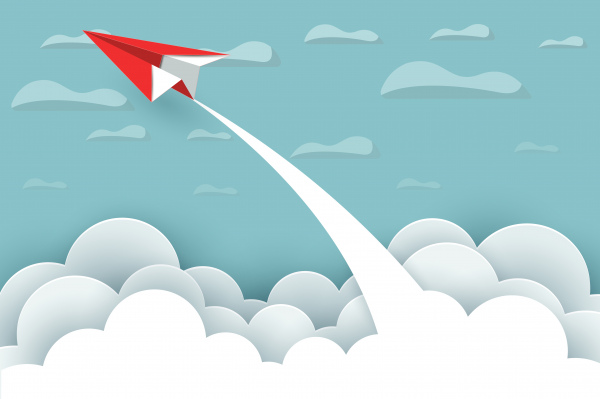 pesawat kertas merah terbang ke langit antara lanskap alam awan pergi ke target startup konsep kepemimpinan bisnis kesuksesan ilustrasi ide kreatif ve