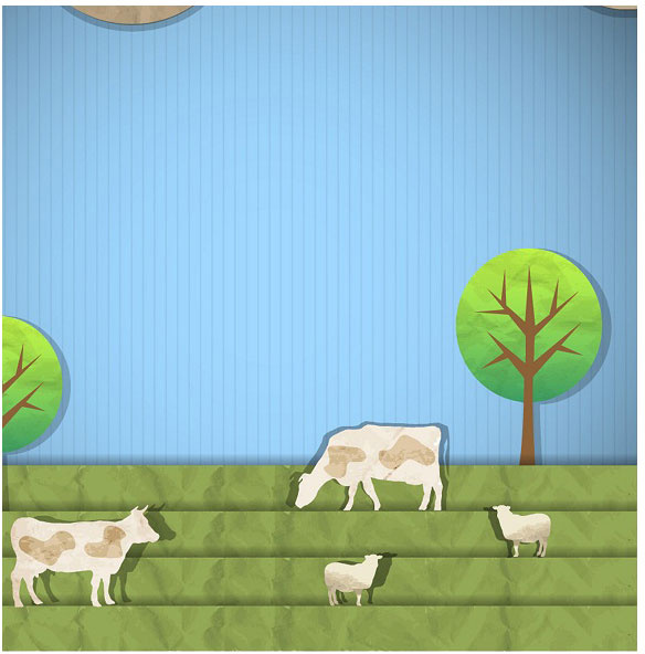 vacas de corte de papel em vetor de paisagem
