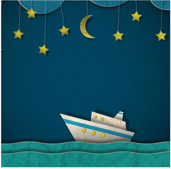 Papier schneiden Schiff Nachtszene auf blaues Muster Hintergrund Vektor
