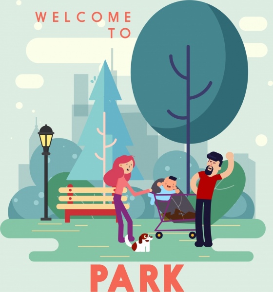conception de parcs annonce joyeuse famille icône dessin animé
