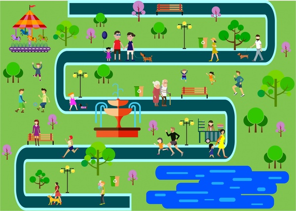 desain skema taman dengan ilustrasi aktivitas manusia