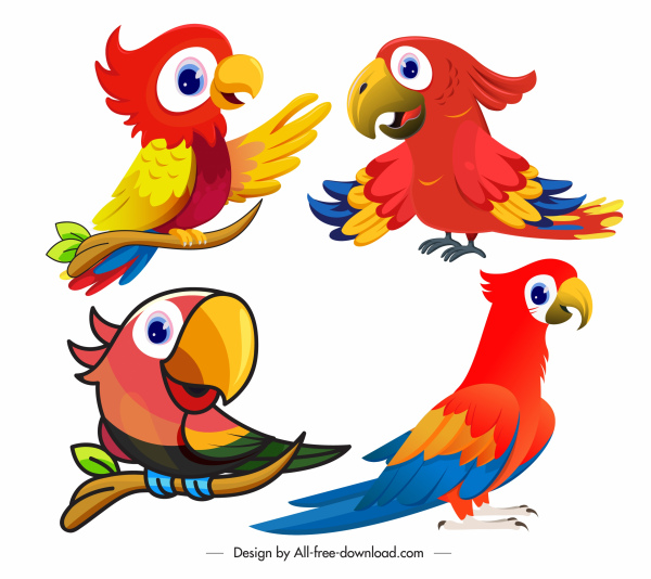 papağan simgeleri sevimli karikatür eskiz renkli tasarım