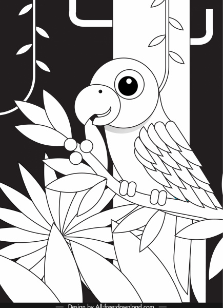 앵무새 그림 검은 흰색 플랫 스케치