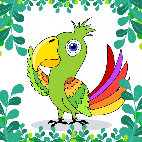 鹦鹉画五颜六色的手绘设计树叶装饰