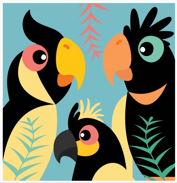 عائلة الببغاوات شقة خلفية ملونة تصميم الرسوم المتحركة
