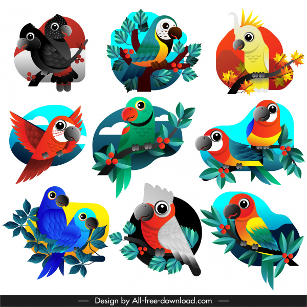 perroquets espèces icônes croquis plat coloré