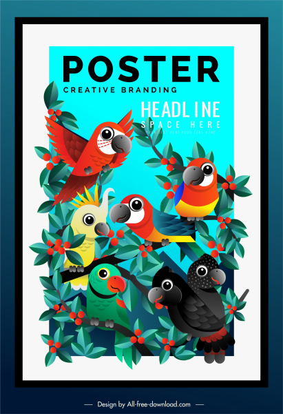 Các loài vẹt poster thiết kế hoạt hình đầy màu sắc