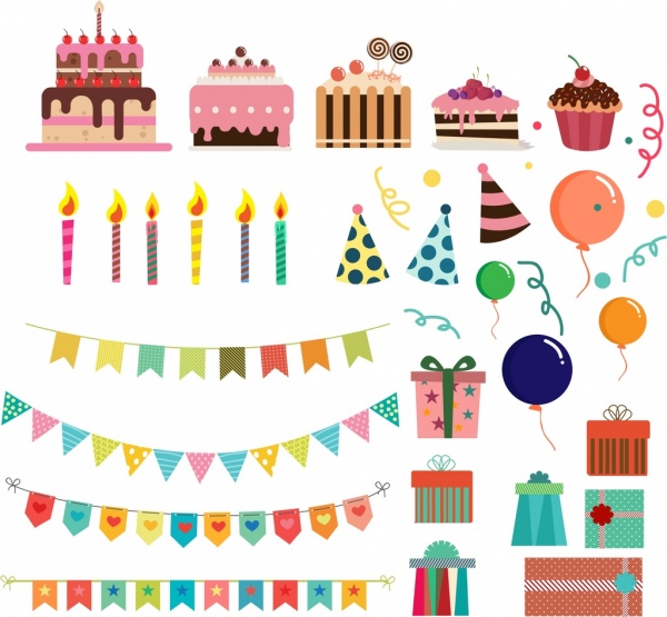 elementos de diseño de fiesta tortas vela cinta iconos de regalo
