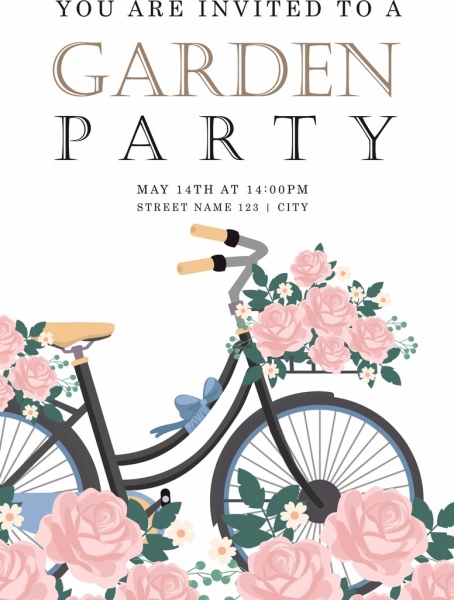 Party Einladung Karte Vorlage Fahrrad Blumen Symbole Dekoration