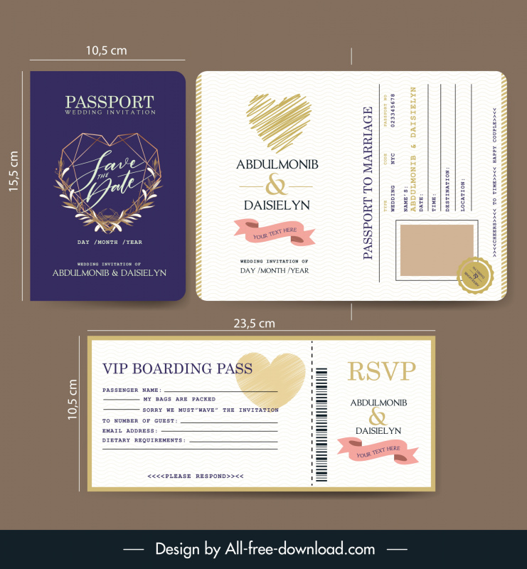 pasaport düğün davetiyesi kartı şablonu zarif düz kalp kurdele dekor