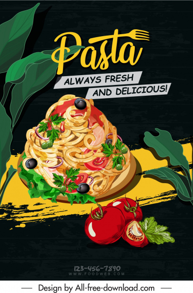पास्ता विज्ञापन बैनर डार्क रंगीन रेट्रो हैंडड्रॉन