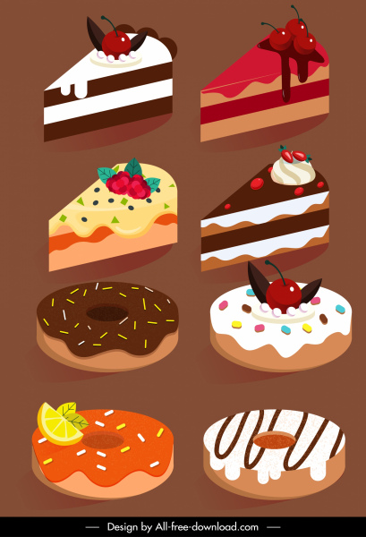 elementi pasticceria icone torte colorate forme schizzo
