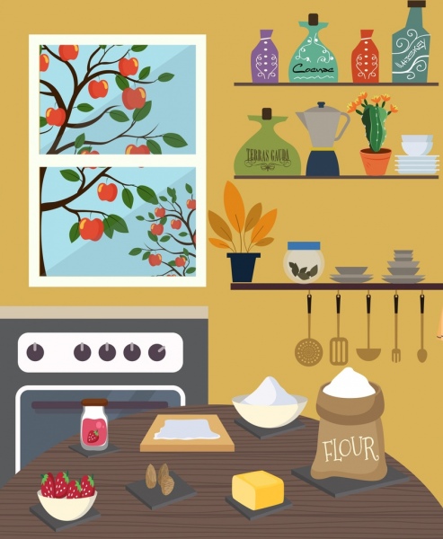 pucat kerja latar belakang dapur ikon dekorasi