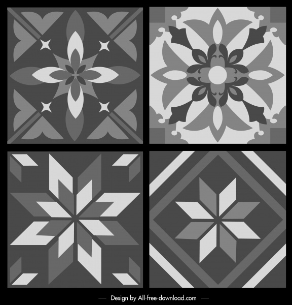pola template hitam putih flora simetris retro sketsa