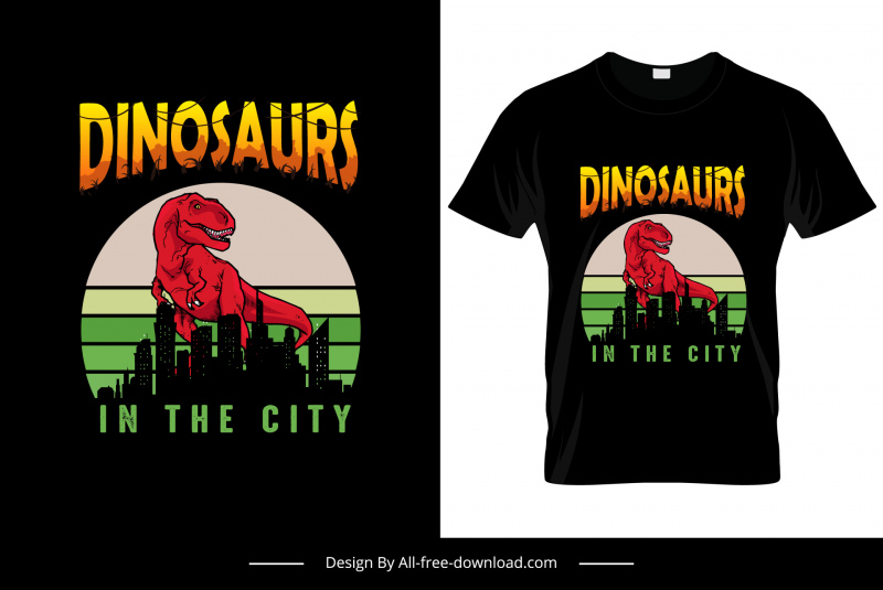 Pdinosaurier in der Stadt T-Shirt-Vorlage flache Cartoon-Skizze