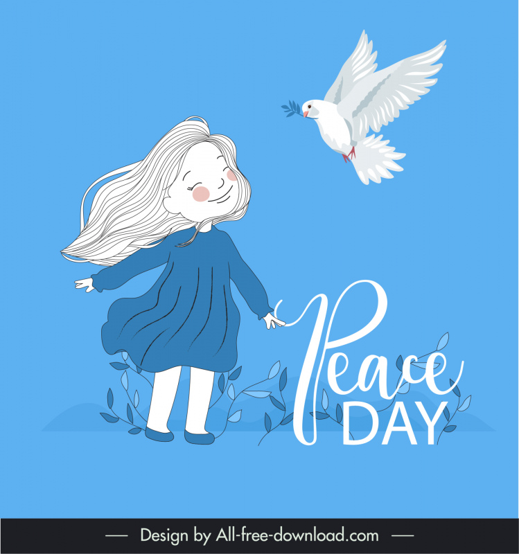 Cartel del Día de la Paz dibujado a mano Chica de dibujos animados Dove Sketch