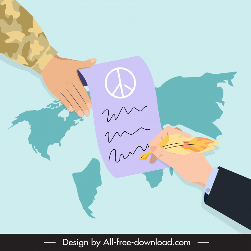  Friedensverhandlungsabkommen Hintergrund Unterzeichnung Hände Weltkarte Skizze