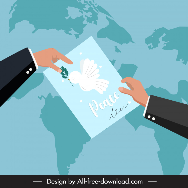  barış müzakere anlaşması fon şablonu düz eller güvercin kartı dünya haritası taslağı