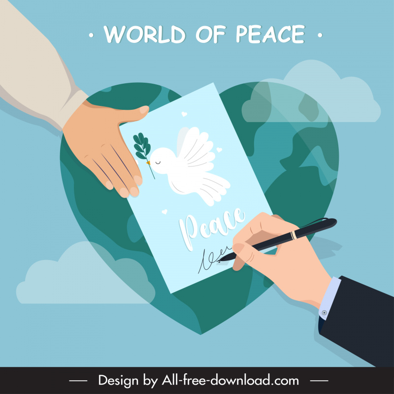  barış müzakere anlaşması afiş şablonu imza elleri güvercin kalp gökyüzü eskiz