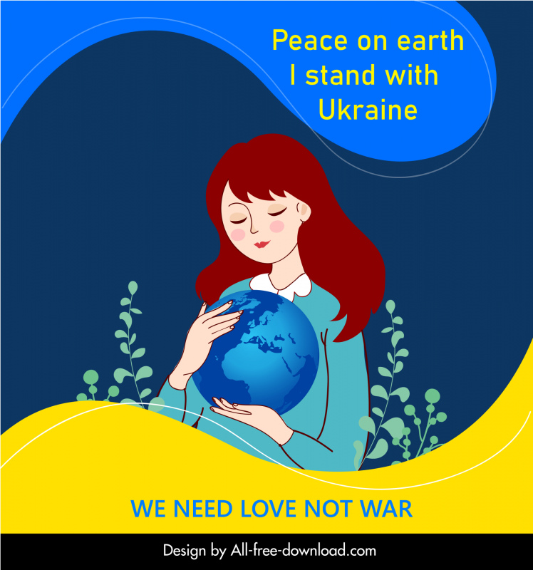 Paz en la Tierra Plantilla de banner Chica sosteniendo globo boceto diseño de dibujos animados