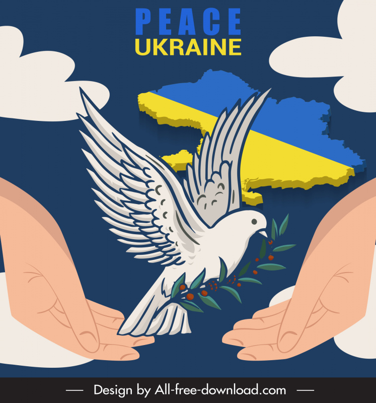 สันติภาพยูเครนแบนเนอร์นกพิราบมือแผนที่ท้องฟ้าองค์ประกอบร่าง