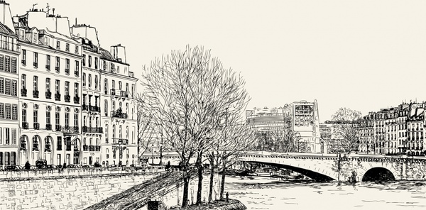 lukisan kota yang damai sketsa handdrawn hitam putih